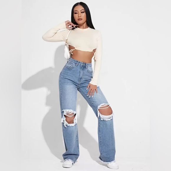 SHEIN EZwear Ripped Cutout Wide Leg Jeans Size 6 Light Wash Y2K Streetwear Denim - Picture 3 of 16